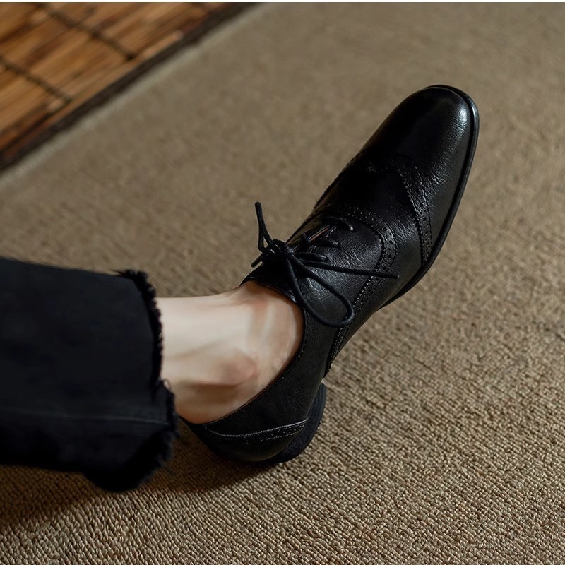 Dress Shoe Basic Brogue Real Leather Comfort Flats Square Toe Woman LaceUp Cowhide Retro Oxfords For New Daily British Style 230823