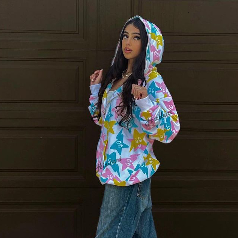 Women's Hoodies Sweatshirts Harajuku Zip-Up Goth Punk Female Jacket Hoodie Hip Hop Oversize Y2K Women Hoodies Autumn Streetwear Star Print White 