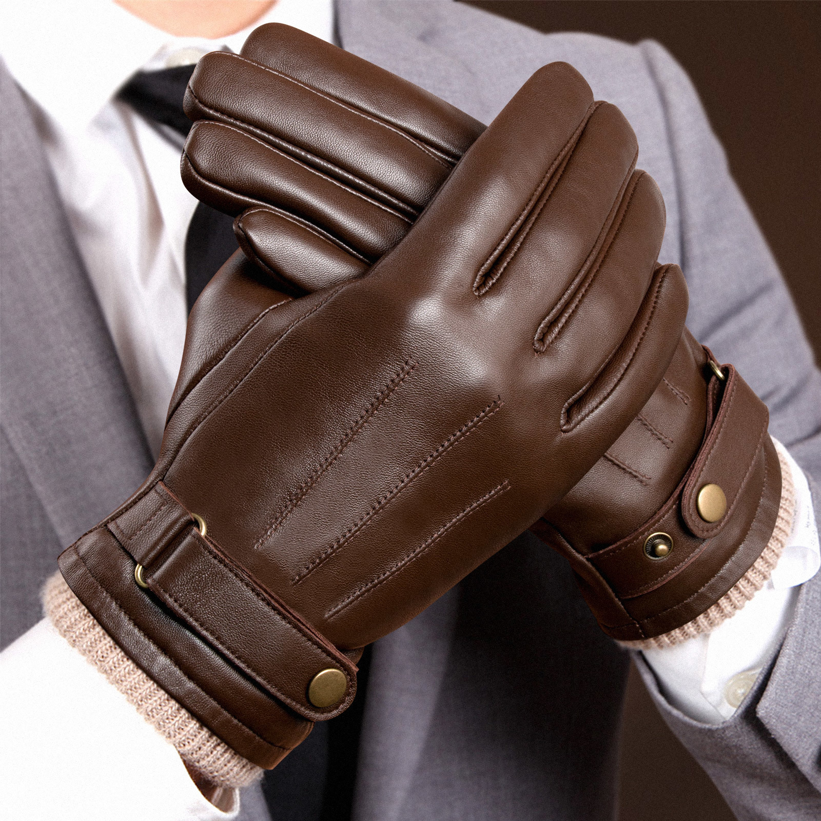 Five Fingers Gloves OZERO Mens Fashion Warm Gloves Genuine Leather Touchscreen Waterproof Winter Business Driving Sports Full Finger Gloves 5022 23082