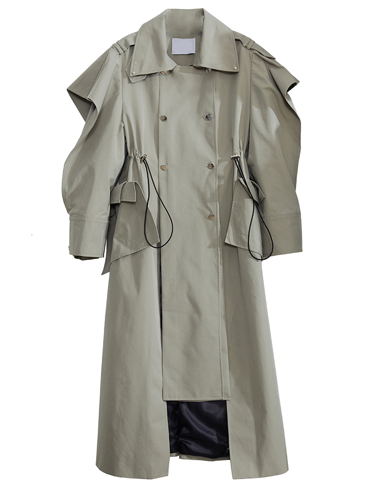Women s Suits Blazers EAM Women Green Cross Ways Wear Big Size Long Trench Lapel Sleeve Windbreaker Fashion Spring Autumn 2023 1DF3033 230822