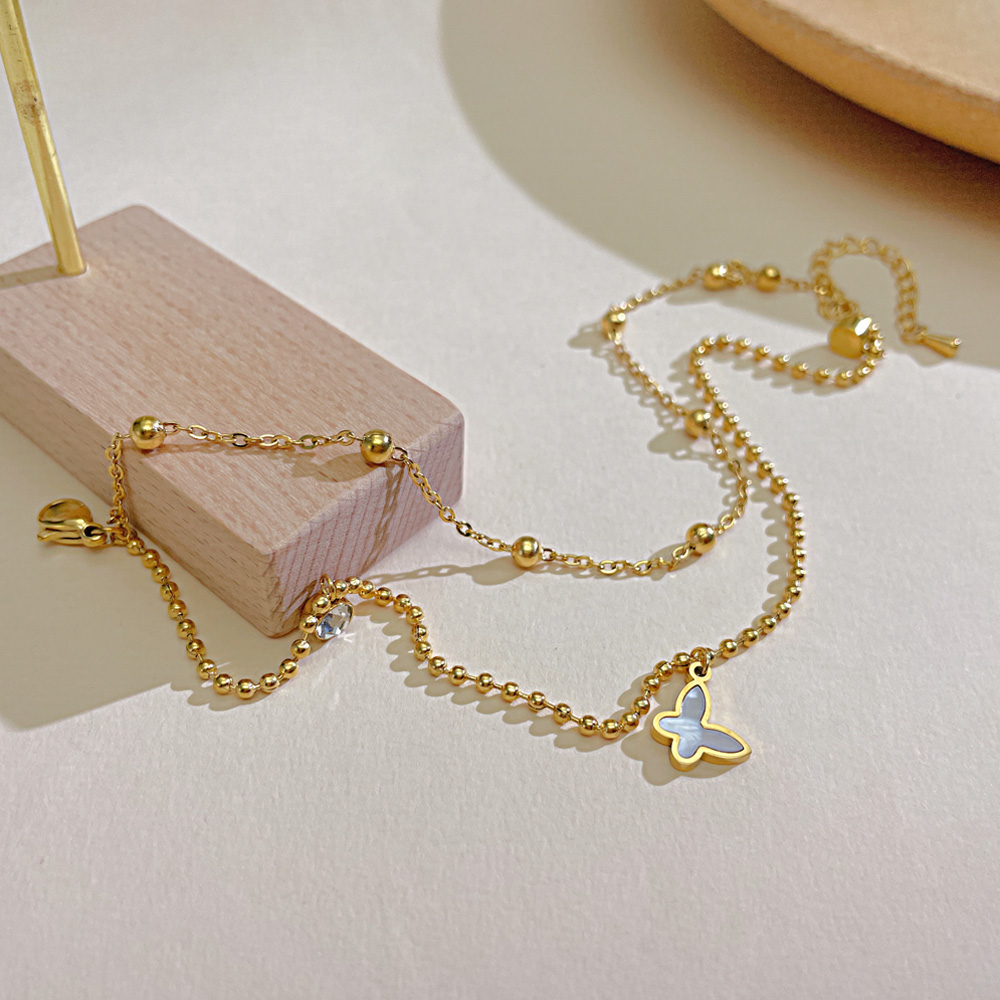 Pretty Pearl Butterfly Charms Bracelet CZ Stainless Steel Double Layered Beads Chain Anklet For Girls Women 8.5inch +5cm Gold Plated N162