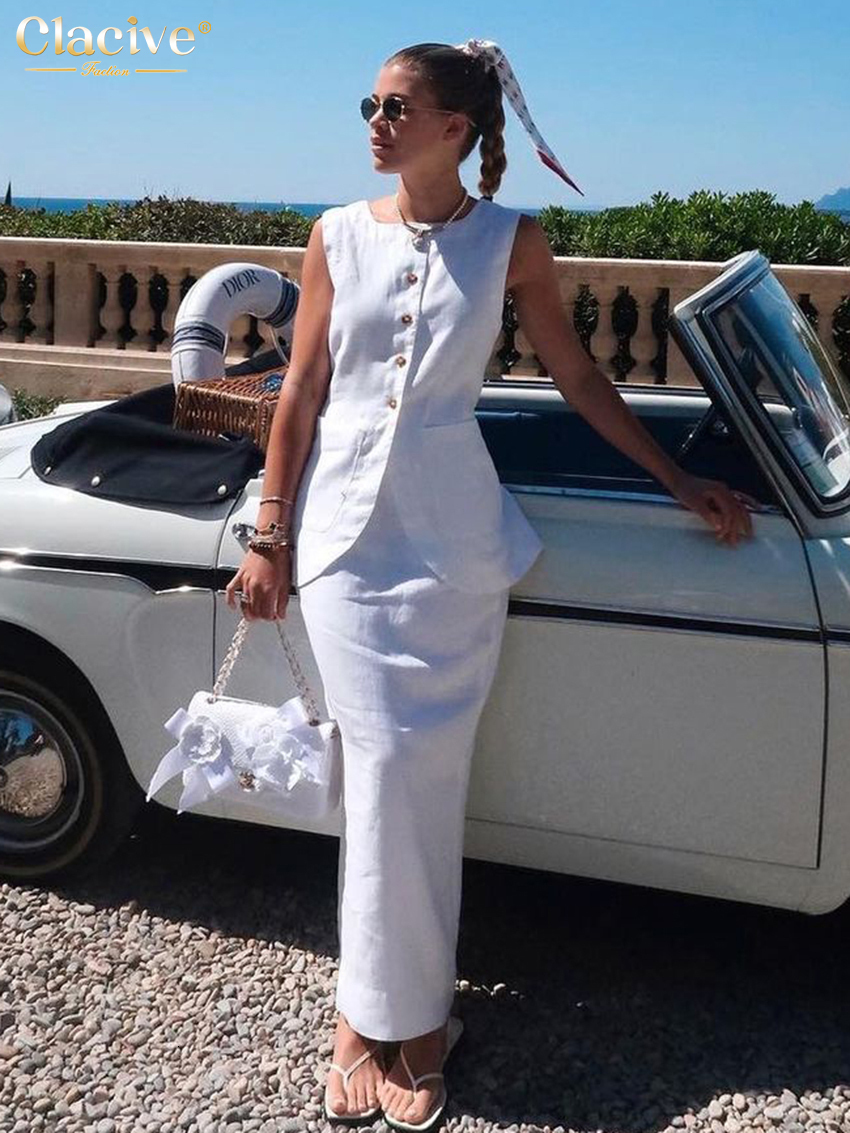 Two Piece Dress Clacive Summer Slim White Cotton Set Women Outfit 2023 Elegant Sleeveless Tops With High Waist Long Skirts Sets Female 230823