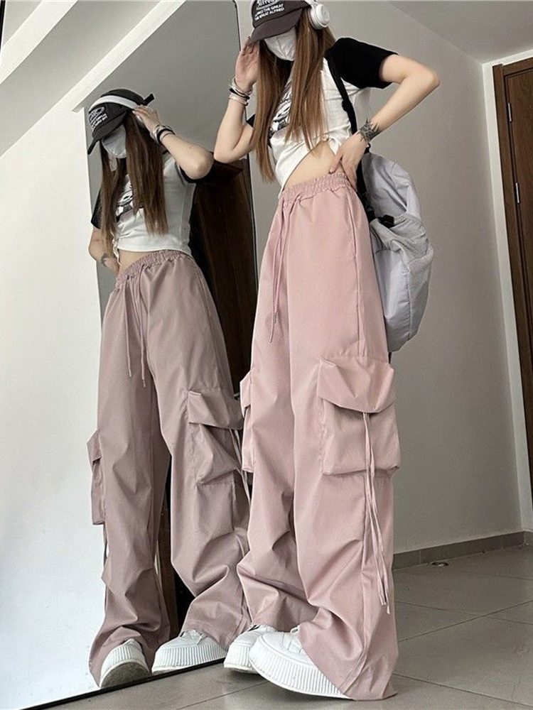 Women's Jeans Zoki Cargo Pant Women y2k Streetwear Hip Hop Loose Casual Trousers American High Waist Big Pockets Lace Up Fashion Lady Pants 23082