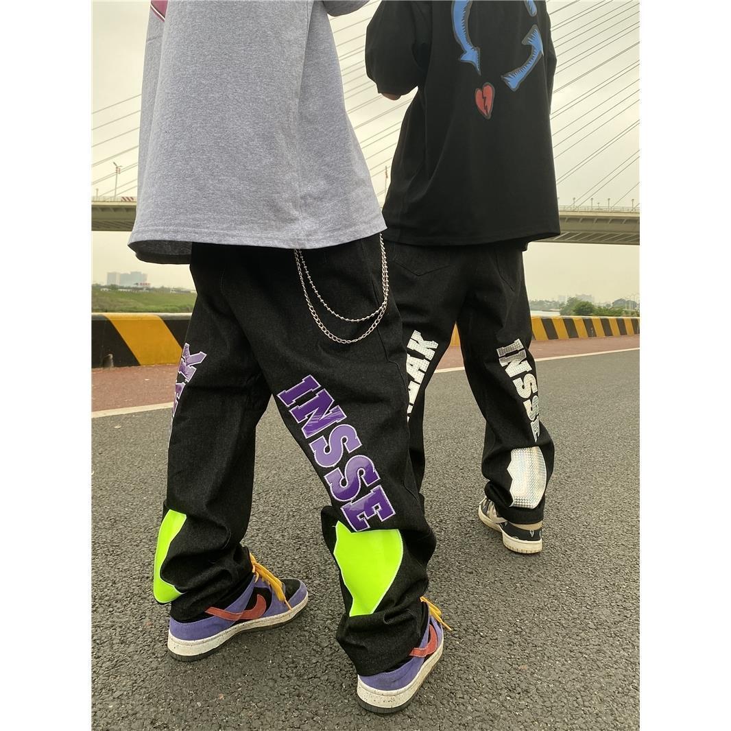Men s Jeans ins embroidery jeans American street lightning love patch hip hop trousers men y2k 230823