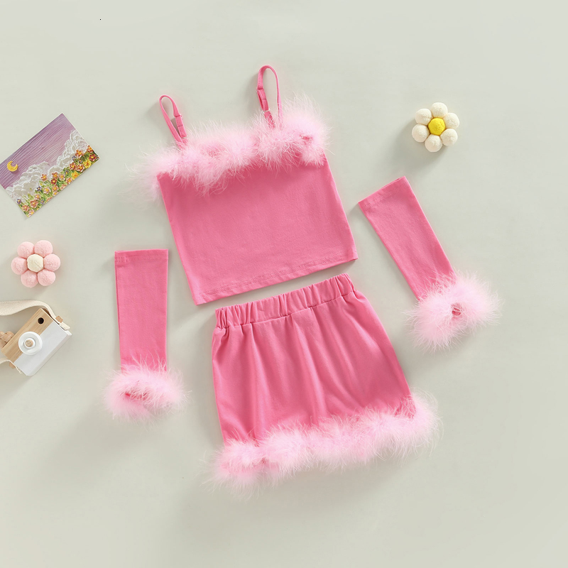 Clothing Sets 1 6Y Kids Girls Autumn Clothes Baby Furry Trim Sleeveless Tops with Oversleeve Short Skirts 3Pcs Children Fashion Outfit 230823