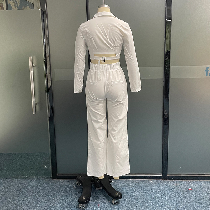 Women s Suits Blazers Wefad Two Piece Set Office Fashion Solid Lapel V Neck Single Button Long Sleeve Cutout Buckle Top Loose Pants Suit 230823