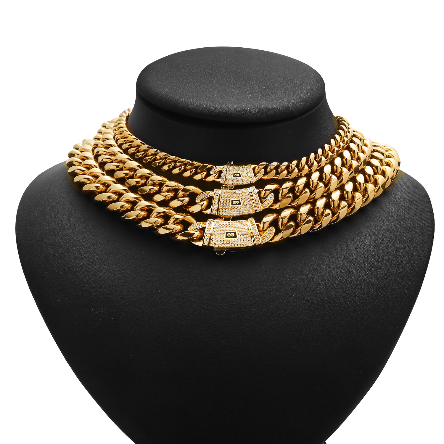 6-14mm Hip Hop Solid Stainless Steel Miami Cuban Link Chain Zircon Clasp Mens Simple High Polished Jewelry