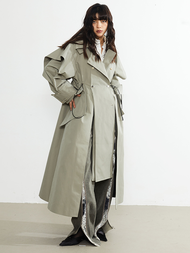 Women s Suits Blazers EAM Women Green Cross Ways Wear Big Size Long Trench Lapel Sleeve Windbreaker Fashion Spring Autumn 2023 1DF3033 230822