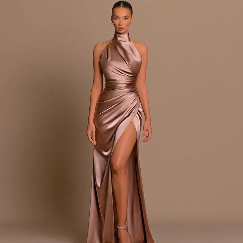 Sexy Simple Mermaid Evening Dress High Neck Pleat Sleeveless Silt Satin Long Prom Birthday Party Dresses 2024 Vestidos Longo Robe De Soiree