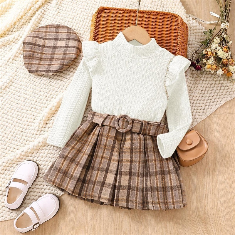 Clothing Sets Spring Girls Clothes Suits Knitted RuffleTop and Plaid Skirts for Kids Autumn 2pcs Children Outfits 230823