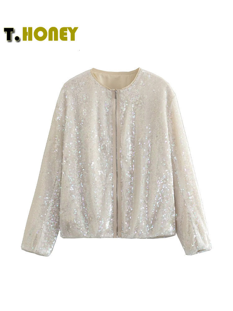 Women's Jackets TELLHONEY Women Fashion Front Zipper Sequin Bomber Jacket Coat Female Casual O-Neck Long Sleeves With Pockets Loose Chic Outfits 