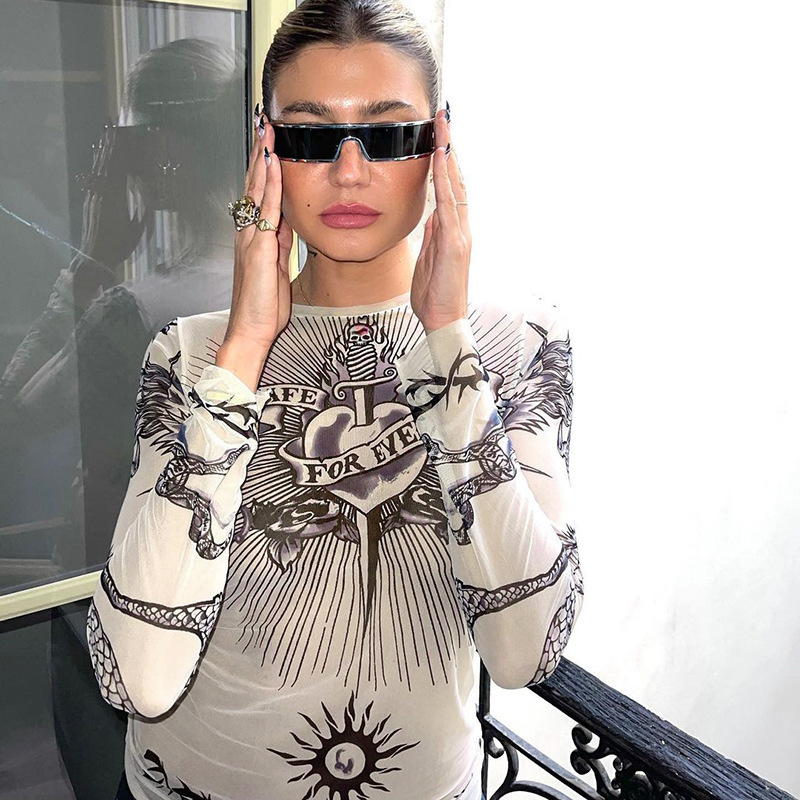 Women s T Shirt Grunge Aesthetic Mesh Women Bodycon T shirts Gothic Skull Printed Punk Sexy Transprent Tops E girl Streetwear Clothes 230822