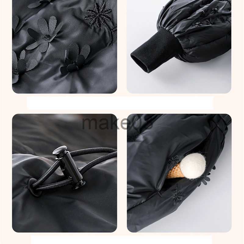 Down Coat Fashion Baby Girls Winter Jacket Cotton Padded Toddler Teens Hooded Long Coat Kids Black Flower Thick Child Outerwear XMP387 J230823