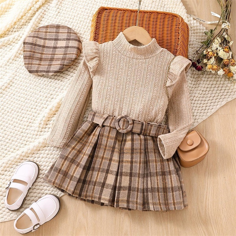 Clothing Sets Spring Girls Clothes Suits Knitted RuffleTop and Plaid Skirts for Kids Autumn 2pcs Children Outfits 230823