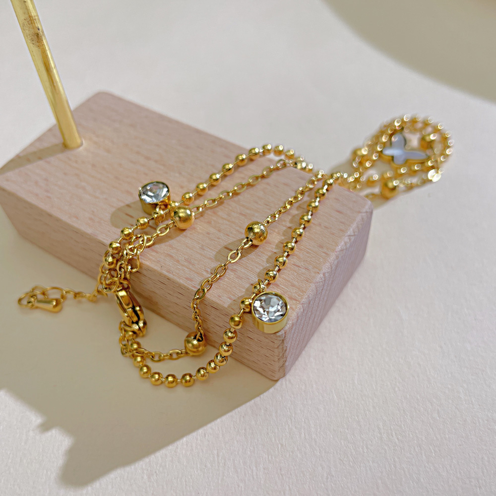 Pretty Pearl Butterfly Charms Bracelet CZ Stainless Steel Double Layered Beads Chain Anklet For Girls Women 8.5inch +5cm Gold Plated N162
