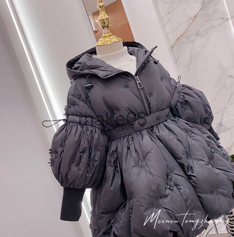 Down Coat Fashion Baby Girls Winter Jacket Cotton Padded Toddler Teens Hooded Long Coat Kids Black Flower Thick Child Outerwear XMP387 J230823