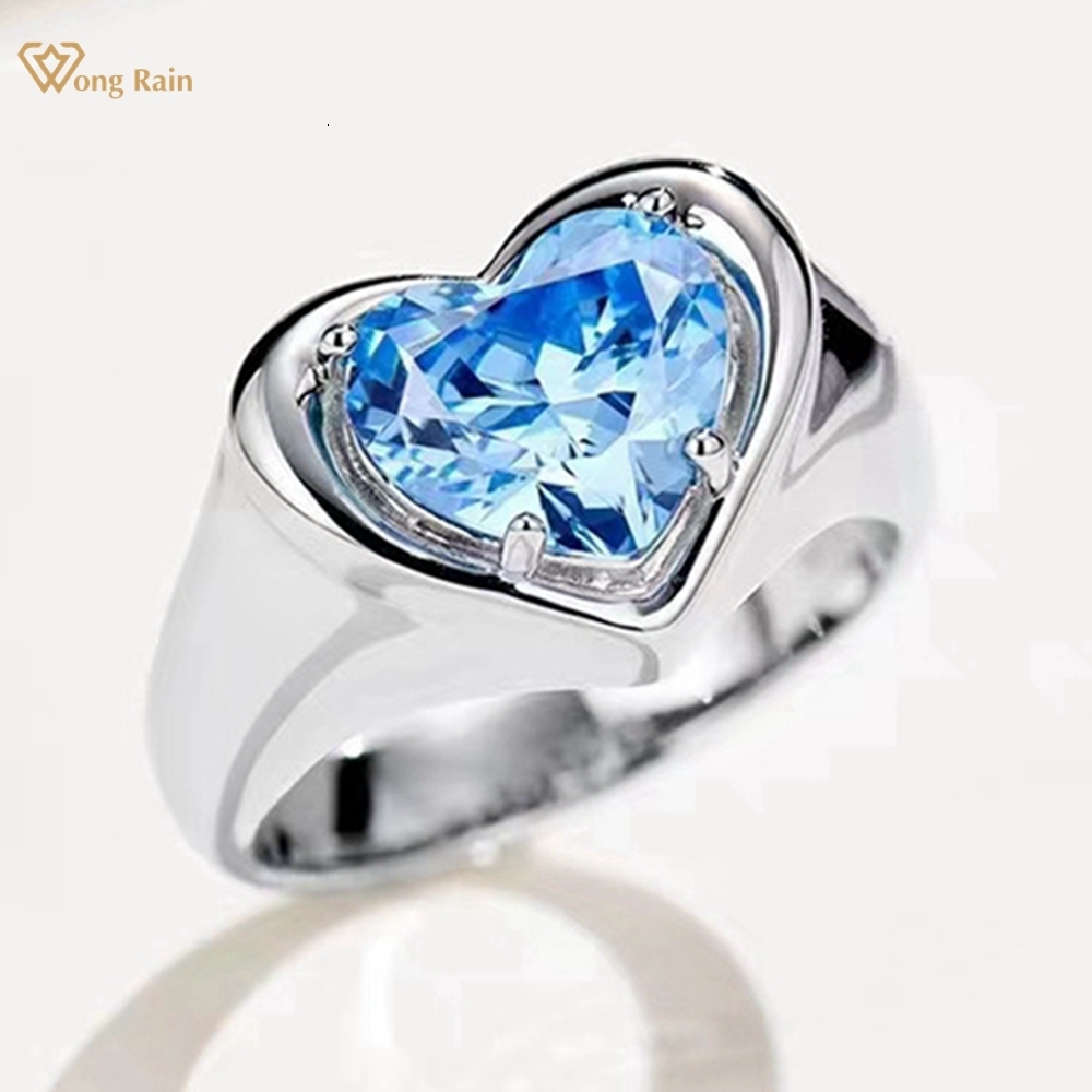 Wedding Rings Wong Rain 100 925 Sterling Silver Heart Cut Aquamarine Gemstone Fine Ring for Women Engagement Jewelry Gift Anniversary 230822