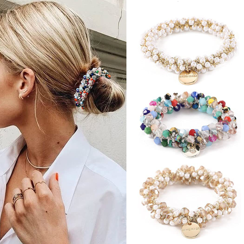 Hair Rubber Bands 1pc Women Crystal Pearls Rope Handmade Elastic Beaded Ponytail Holders Ties For And Girls Accessories 230823
