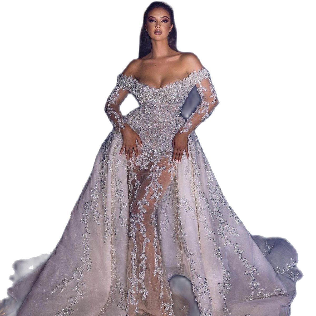 America Mermaid Wedding Dresses With Detachable Train Crystal Beaded Plus Size Off Shoulder Bridal Gowns Wedding Dress