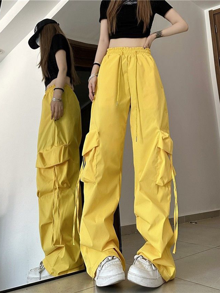 Women's Jeans Zoki Cargo Pant Women y2k Streetwear Hip Hop Loose Casual Trousers American High Waist Big Pockets Lace Up Fashion Lady Pants 23082