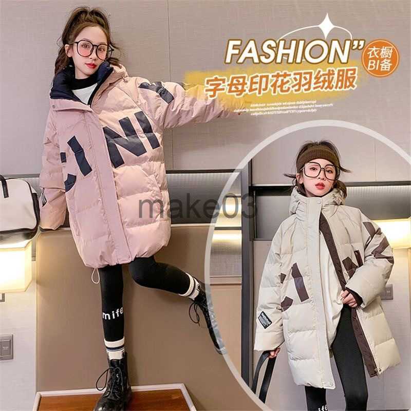 Down Coat 2023 Girls' Winter Cotton Clothing Down Padded Jacket Kids Hooded Letter Design Waterproof Long Coat For Child XMP438 J230823