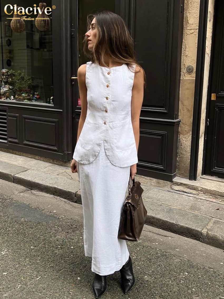Two Piece Dress Clacive Summer Slim White Cotton Set Women Outfit 2023 Elegant Sleeveless Tops With High Waist Long Skirts Sets Female 230823