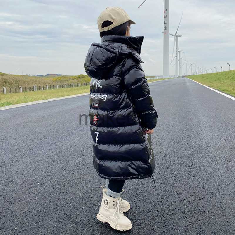 Down Coat 2023 Winter Children Girls Long Down Jacket Graffiti Thick Zipper Hoddie Parka Warm Waterproof Xlong Teenager Girls Snowsuit J230823