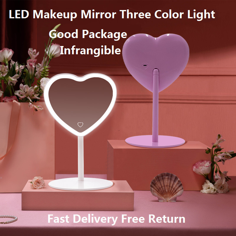 Compact Mirrors Desktop Led Heart Shape Vanity Mirror Adjustable Three-color Light Cosmetic Rechargeable Makeup Mirrors 230823