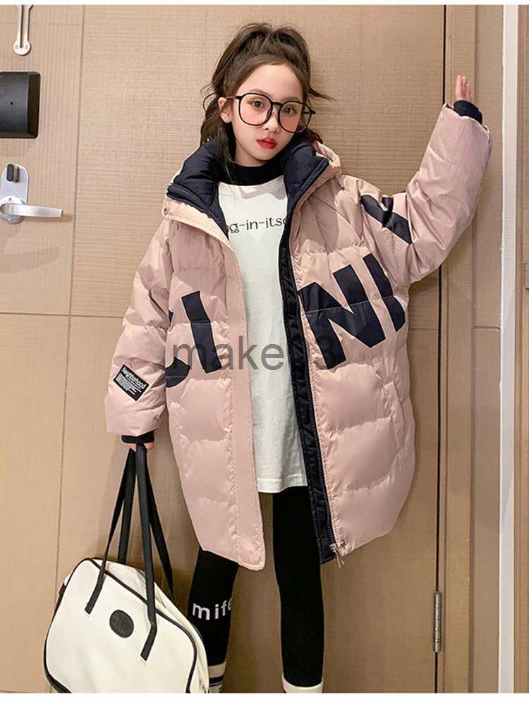 Down Coat 2023 Girls' Winter Cotton Clothing Down Padded Jacket Kids Hooded Letter Design Waterproof Long Coat For Child XMP438 J230823