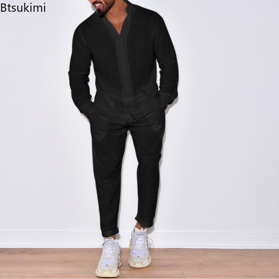 Men's Tracksuits Casual Long Sleeve Shirt and Pants Sets Men Solid Cotton Linen Tops Leisure Tees Trousers Suit Sets Fashion Tracksuit Male 23082