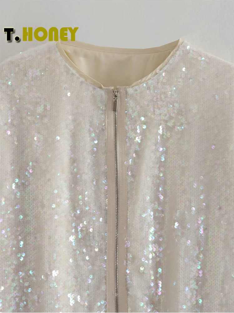 Women's Jackets TELLHONEY Women Fashion Front Zipper Sequin Bomber Jacket Coat Female Casual O-Neck Long Sleeves With Pockets Loose Chic Outfits 