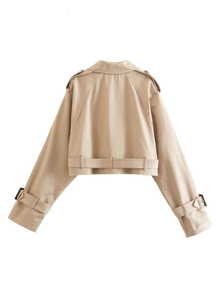 Women's Jacket's Short Jacket Khaki Cropped Trench Coat Lapel Collar Top Long Sleeve Jackets With Belt Female Spring Streetwear 230822