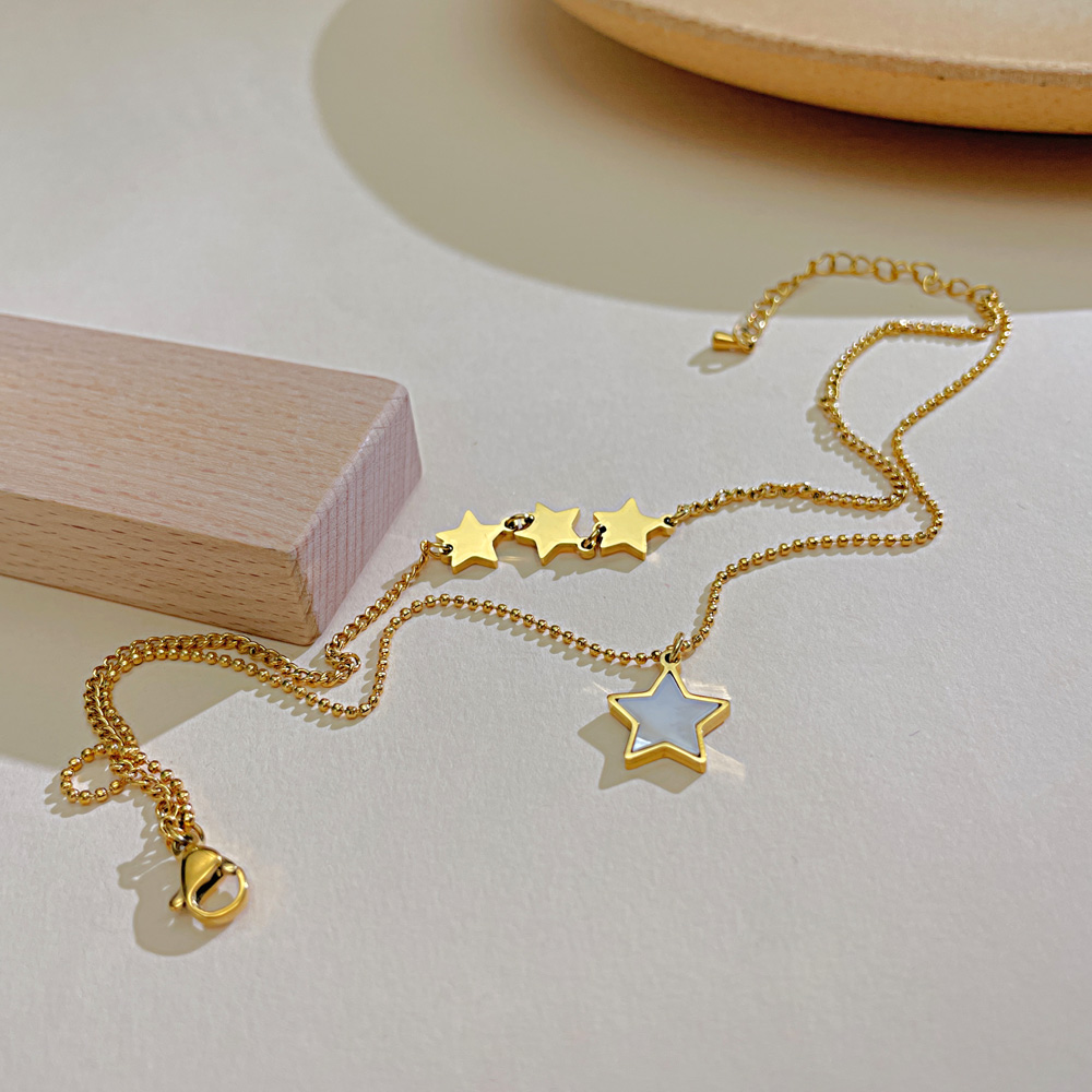 Fashion Simple Pearl Oysters Five-pointed Star Bracelet Stainless Steel Personality Double Layered Chain Anklet 8.5inch +5cm Gold Plated n164