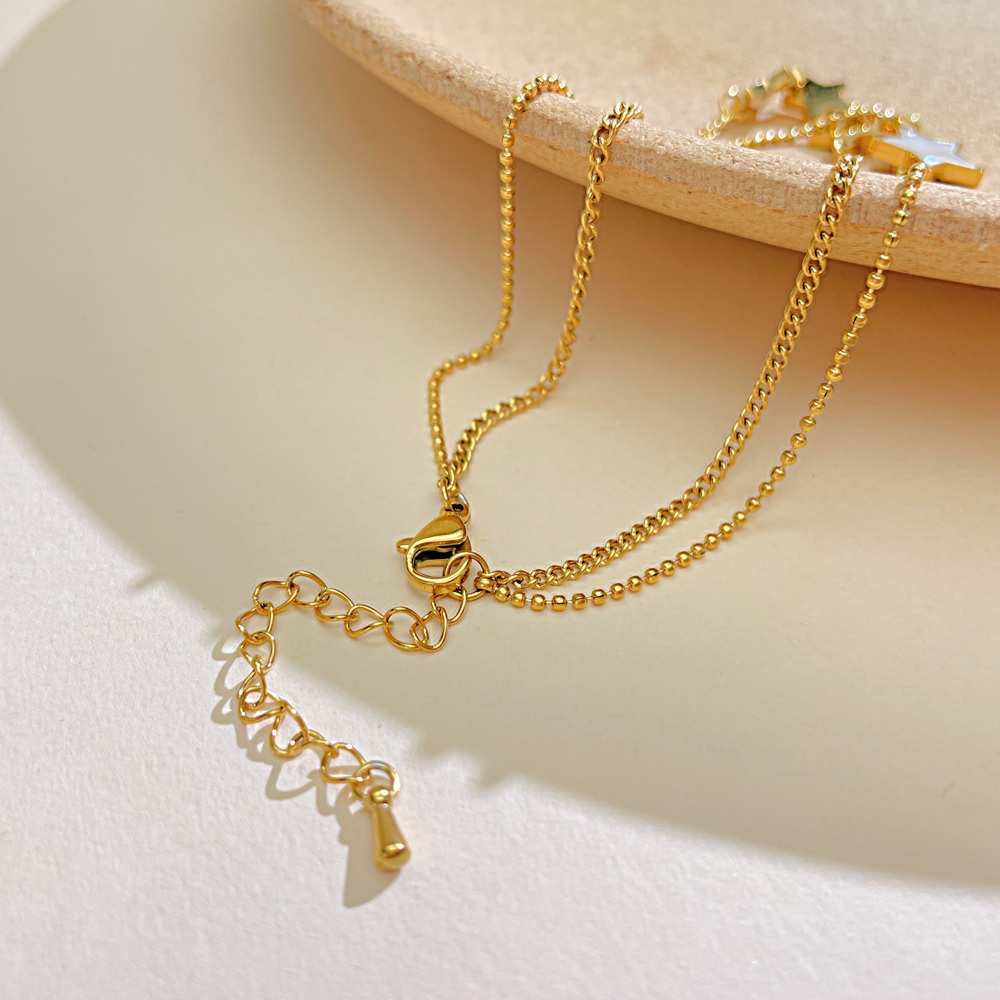 Fashion Simple Pearl Oysters Five-pointed Star Bracelet Stainless Steel Personality Double Layered Chain Anklet 8.5inch +5cm Gold Plated n164