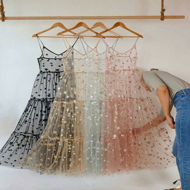 Basic Casual Dresses Summer Sweet Tulle Spaghetti Straps See Through Long Women Dresses Fashion Bling Dress 230823