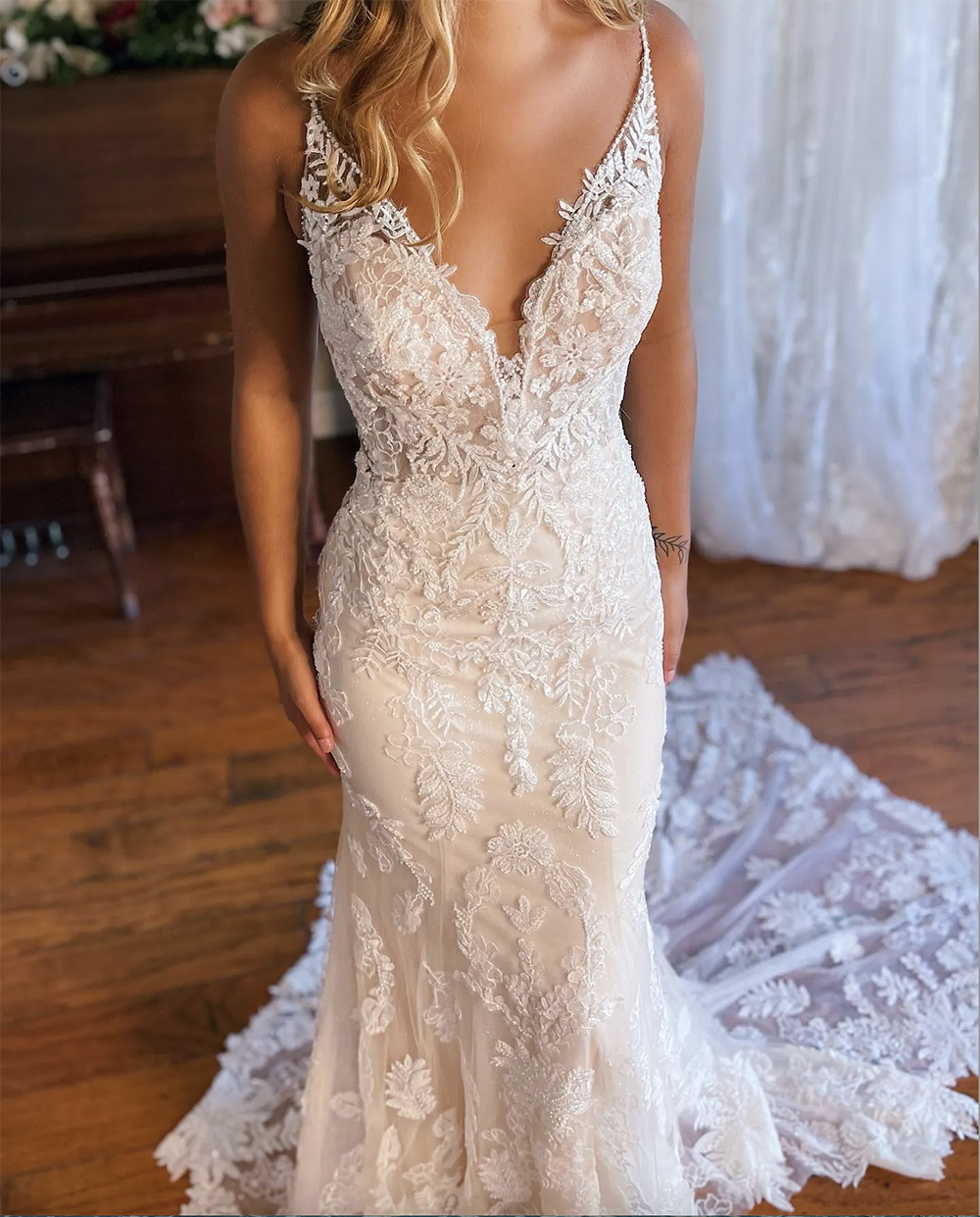 Lace Mermaid Wedding Dress , Sexy Backless Spaghetti Straps, Custom Made Boho Bridal Gown, Tulle, Sweep Train