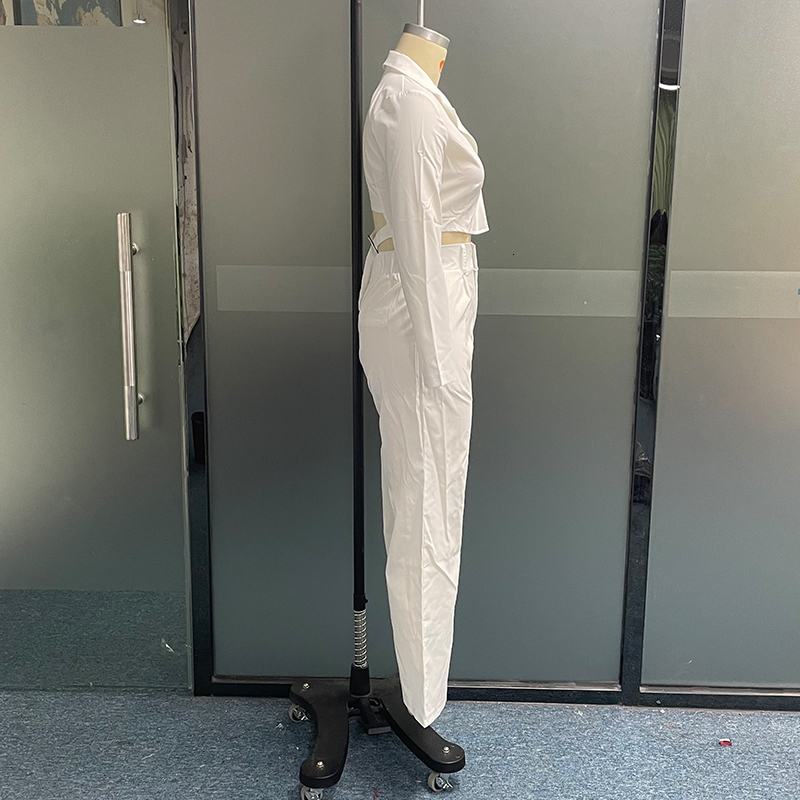 Women s Suits Blazers Wefad Two Piece Set Office Fashion Solid Lapel V Neck Single Button Long Sleeve Cutout Buckle Top Loose Pants Suit 230823