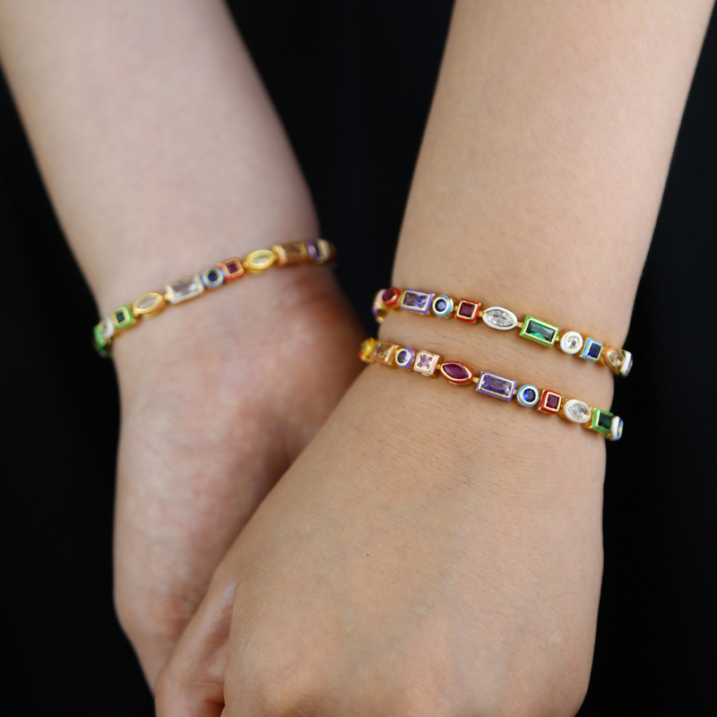 Charm Bracelets 18K Gold Plated fashion Rainbow Colorful Cz Round Square Shape Tennis Bracelet women girl Birthday Party charm Jewelry Gift 2023 23082