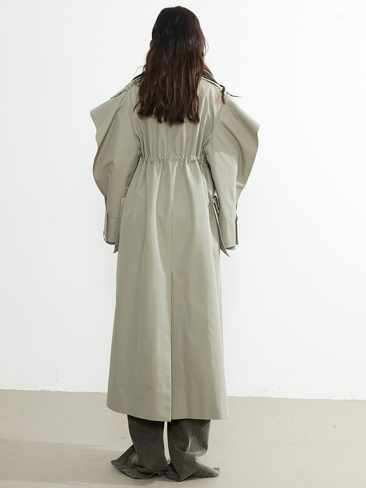 Women s Suits Blazers EAM Women Green Cross Ways Wear Big Size Long Trench Lapel Sleeve Windbreaker Fashion Spring Autumn 2023 1DF3033 230822