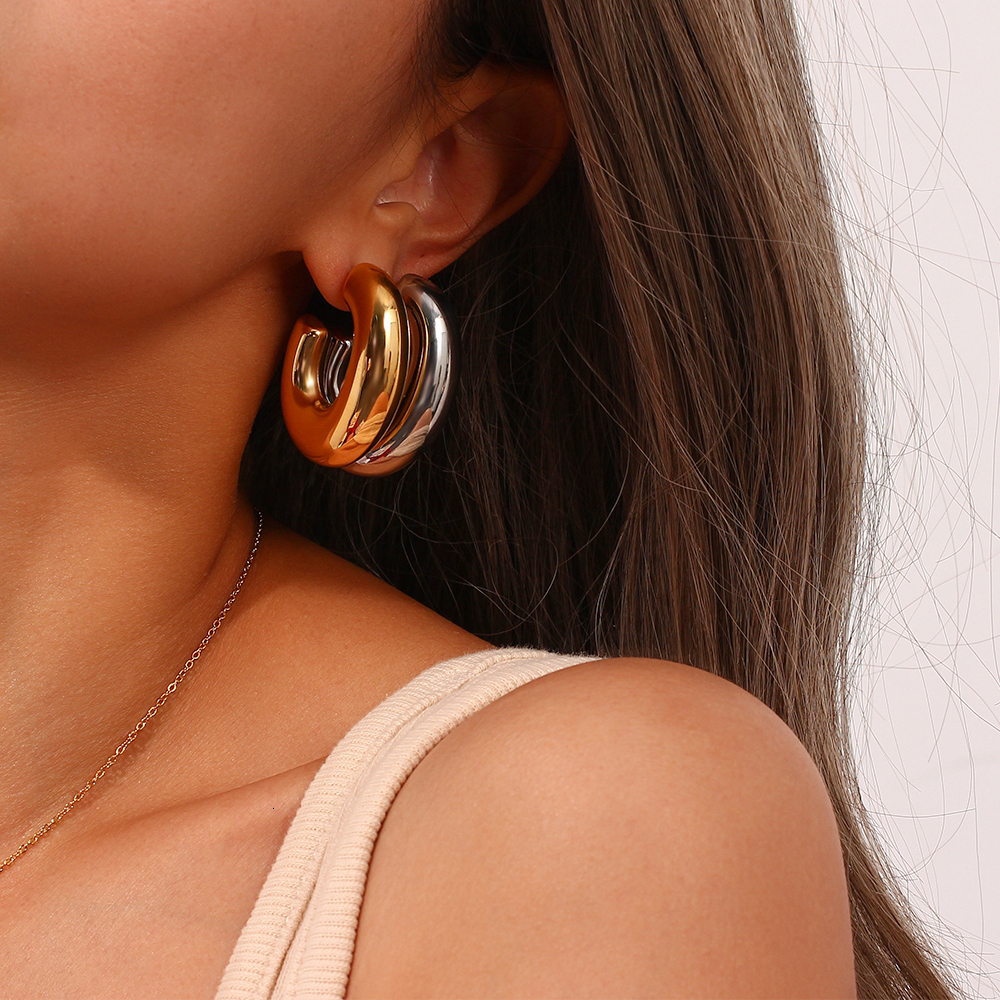 Stud Hollow Light Easy to Wear Oversize Bold Chunky Hoop Earrings For Woman Stainless Steel PVD Plated Silver Color Earring 230822