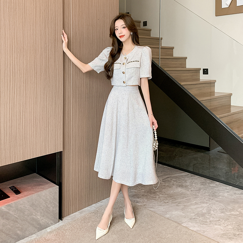 Two Piece Dress Small Fragrant Summer Fashion Korean Sweet Elegant 2 Set Women Coat Top Midi Skirt Suit s Peice Sets 230823