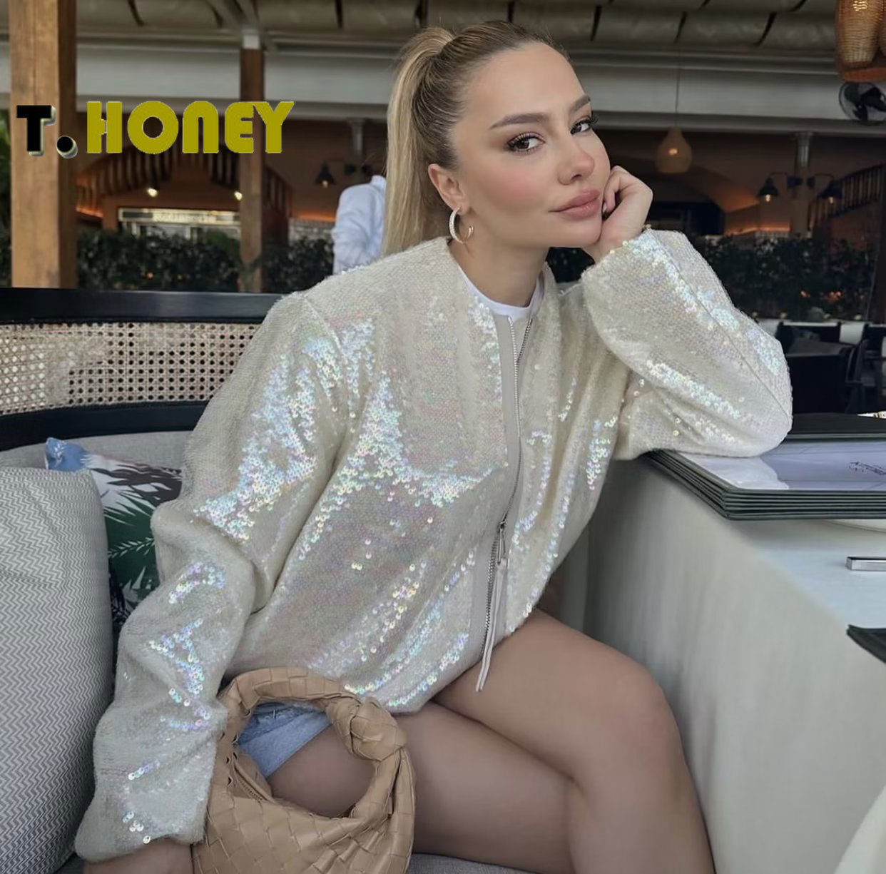 Women's Jackets TELLHONEY Women Fashion Front Zipper Sequin Bomber Jacket Coat Female Casual O-Neck Long Sleeves With Pockets Loose Chic Outfits 