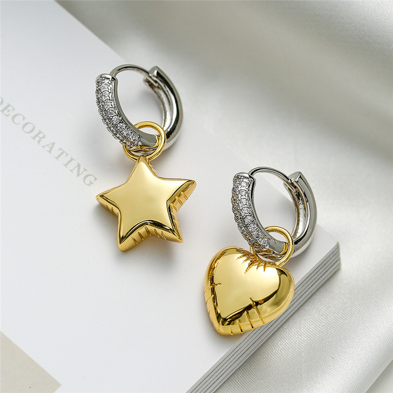 Stud Trendy Zircon Heart Pentagram Asymmetric Color Contrast Hoop Earrings For Women Star Pendant Dangle Jewelry Gift 230823