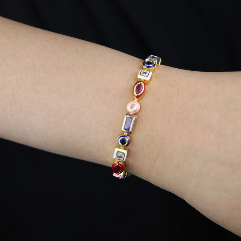 Charm Bracelets Gold Color 2023 Summer Fashion Colorful Jewelry 5A Cubic Zirconia CZ Enamel Geometric Tennis Chain Bracelet 230822