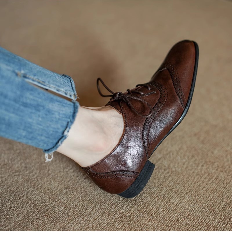 Dress Shoe Basic Brogue Real Leather Comfort Flats Square Toe Woman LaceUp Cowhide Retro Oxfords For New Daily British Style 230823