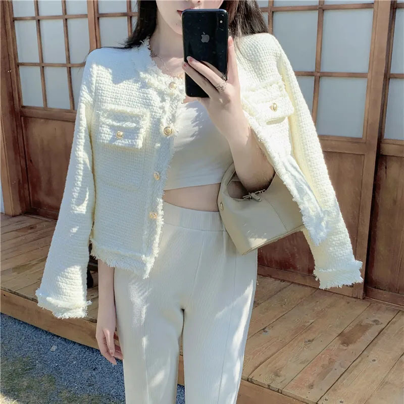 Womens Jackets Tassel White Single Breasted Tweed Woolen Coat Casual Oneck Elegant Jacket Outwear Autumn Korean Women Jacket In Outerwears 230822