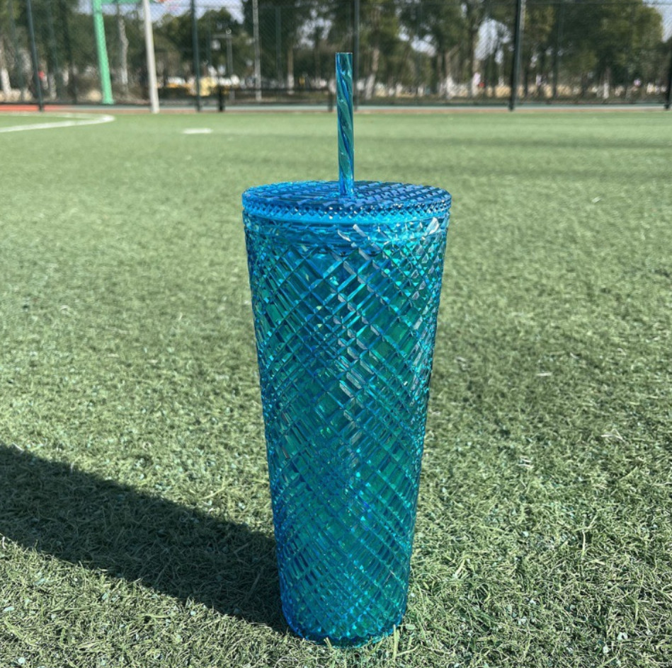The latest 24oz rhombus transparent color double -layer plastic straw coffee mug Cup, many style choices, support customization of any logo