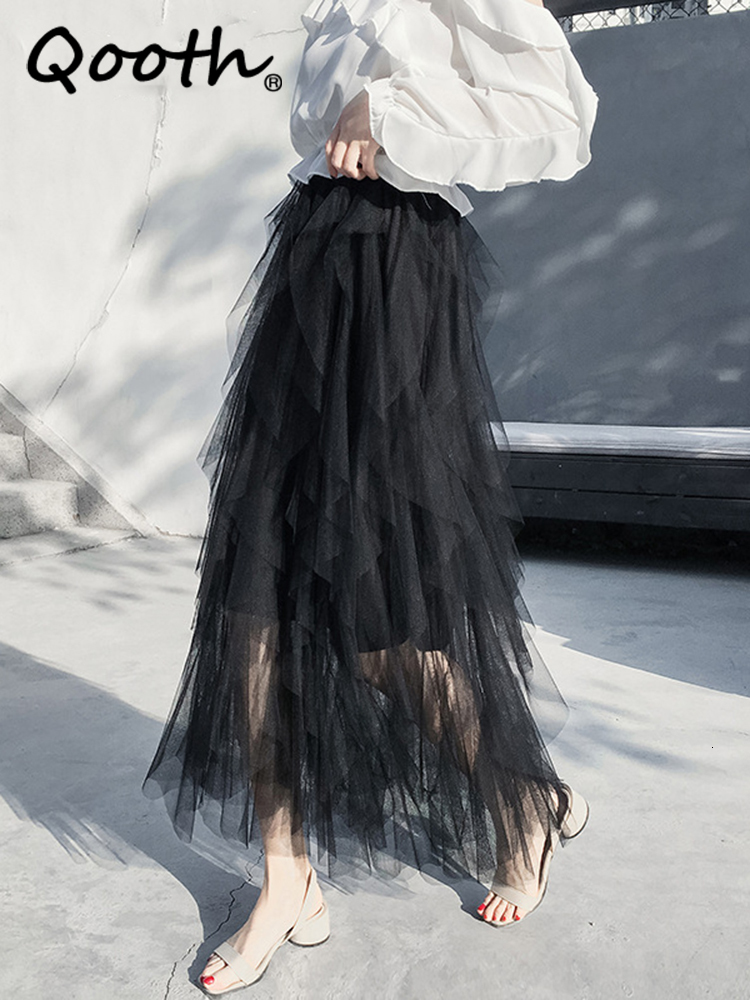 Skirts Qooth Women Tulle Cake Mesh Skirt Elegant Elastic Waist Fairy Long Aline Tutu Skirt For Spring Summer QT2138 230823
