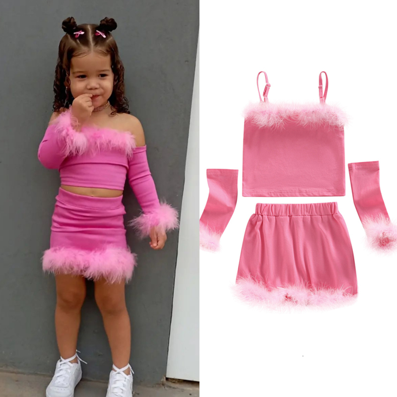 Clothing Sets 1 6Y Kids Girls Autumn Clothes Baby Furry Trim Sleeveless Tops with Oversleeve Short Skirts 3Pcs Children Fashion Outfit 230823