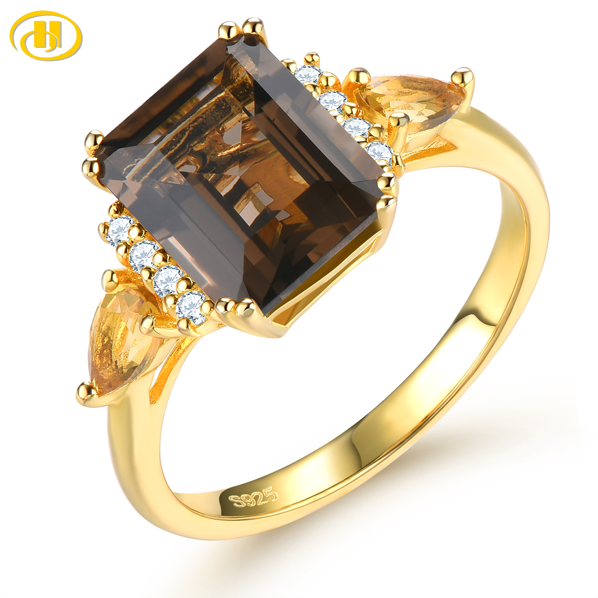 Wedding Rings Natural Smoky Quarts Silver Yellow Gold Plated 3 6 Carats Genuine Citrine Women s Classic Style S925 Fine Jewelry 230822